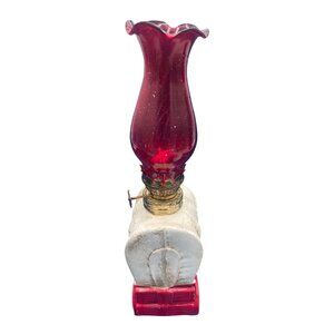 Miniature Covered Wagon Kerosene Lamp Red Glass Chimney Rustic Collectible